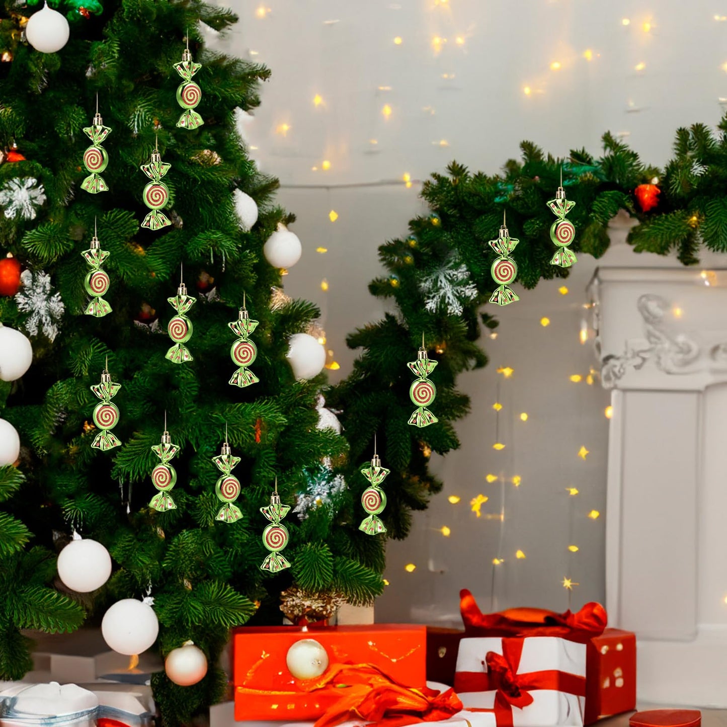 Threan 12 Pcs Christmas Candy Ornaments for Tree Decoration Hanging Glitter Candy Cane Christmas Peppermint Ornament with Golden Rope for Xmas Holiday Decoration(Green with Red,Plastic)