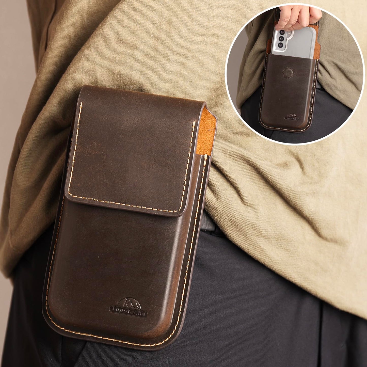 Topstache Leather Phone Holster - Belt Clip Leather Belt Pouch for iPhone 17/16/15 Pro Max & Plus - Magnetic Closure Flip Cell Phone Case for Galaxy S25/S24/S23 Ultra & Plus, XL,Darkbrown