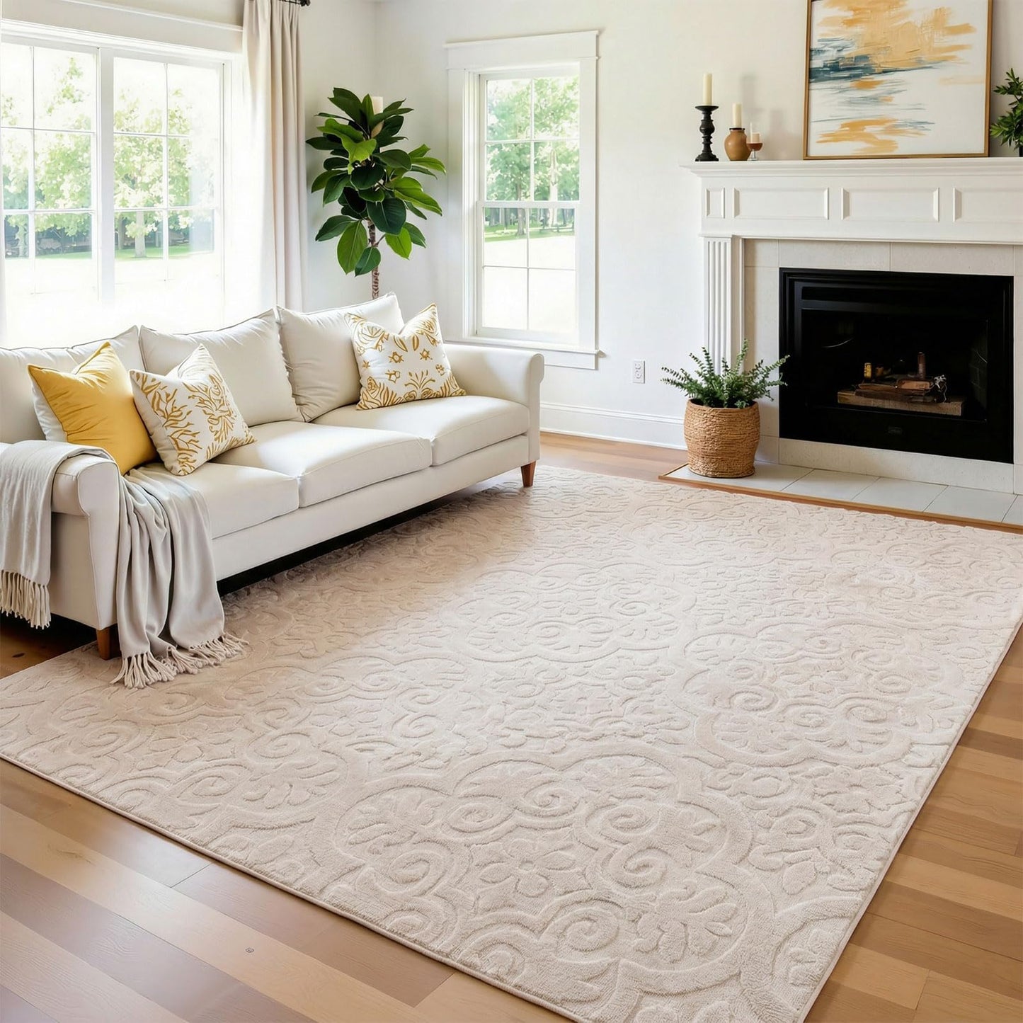 U'Artlines 6x9ft Washable Area Rug for Living Room, Neutral Beige Modern High-Low Pile Rug for Bedroom, Non Slip Soft Cozy Fluffy Large Floor Carpet for Dining Area, Kids Nursery Room