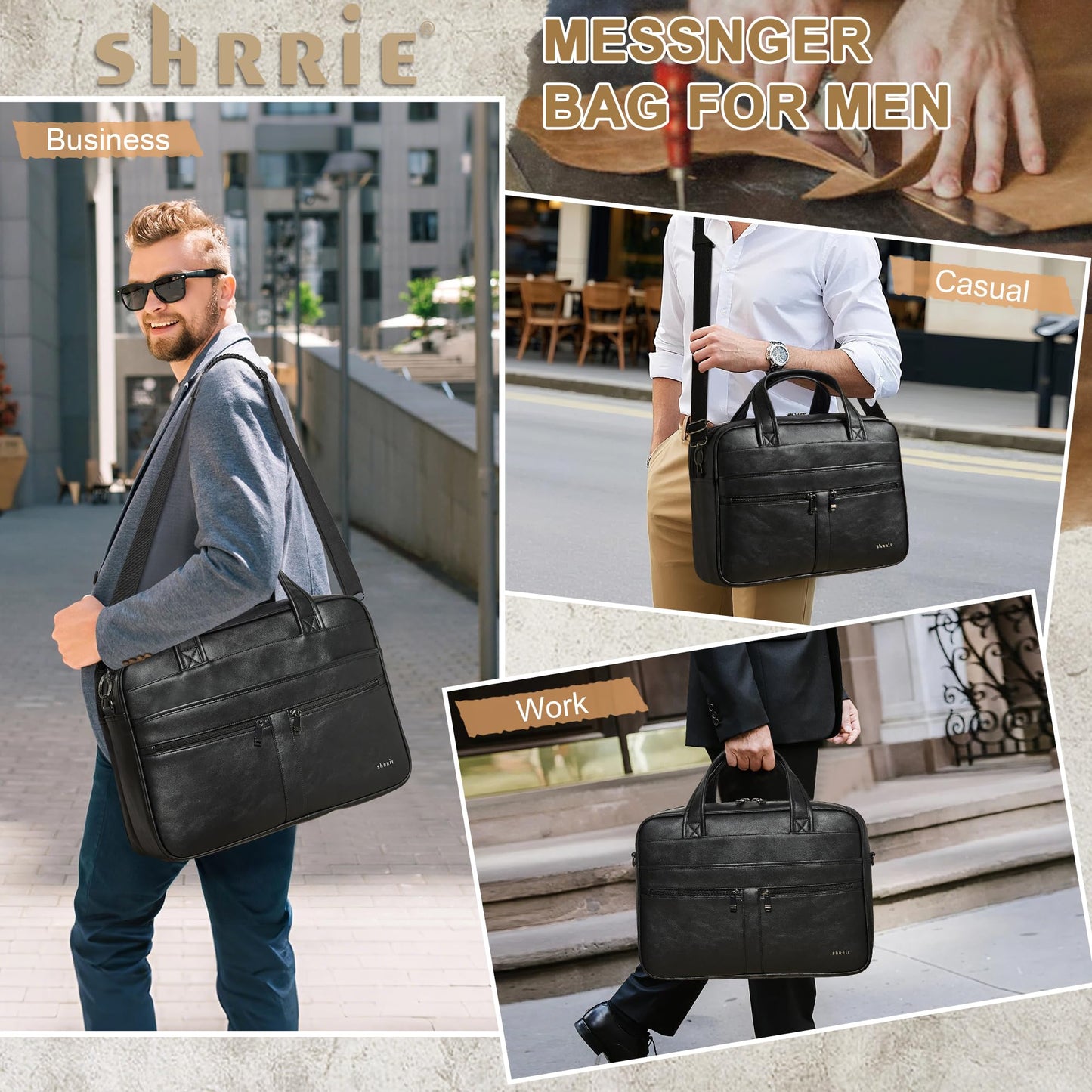 Shrrie Leather Messenger Bag for Men&Women 16 inch Laptop Bag,Water-Resistant Retro Leather Briefcase for Men,Mens Satchel Bag Crossbody for Office,Business,Work