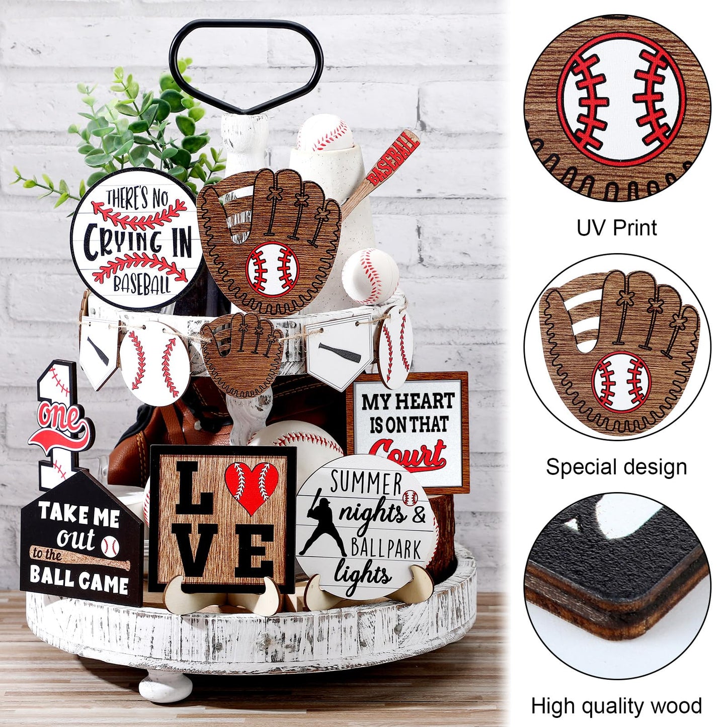 13 Pcs Baseball Tiered Tray Decor Wooden Table Centerpieces Rustic Wooden Baseball Game Sign for Fans Theme Party Ceremony