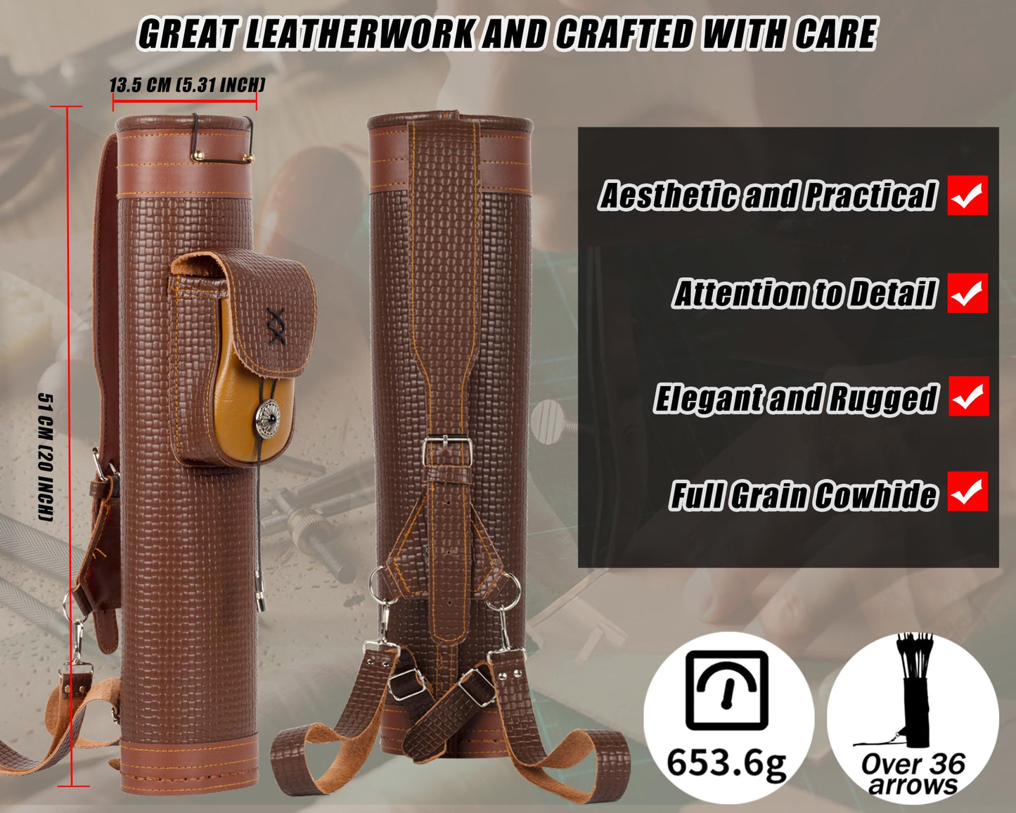 SOPOGER Arrow Quiver Arrow Holder - Handmade Traditional Leather Quiver with Adjustable Strap and Pocket, Archery Shoulder Back Quiver for Arrows Cosplay Bow and Arrow Accessories