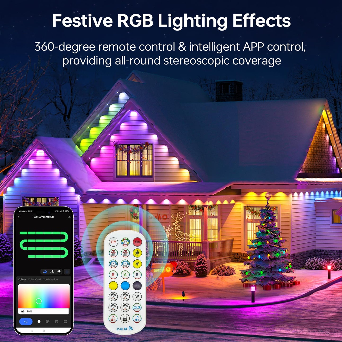 Qeeanmo Permanent Outdoor Lights for House, 120ft Smart RGB+IC Eave Light with APP & Remote Control, DIY Modes,IP67 LED Roof Lights for Holiday, Christmas, Halloween, Party Decor