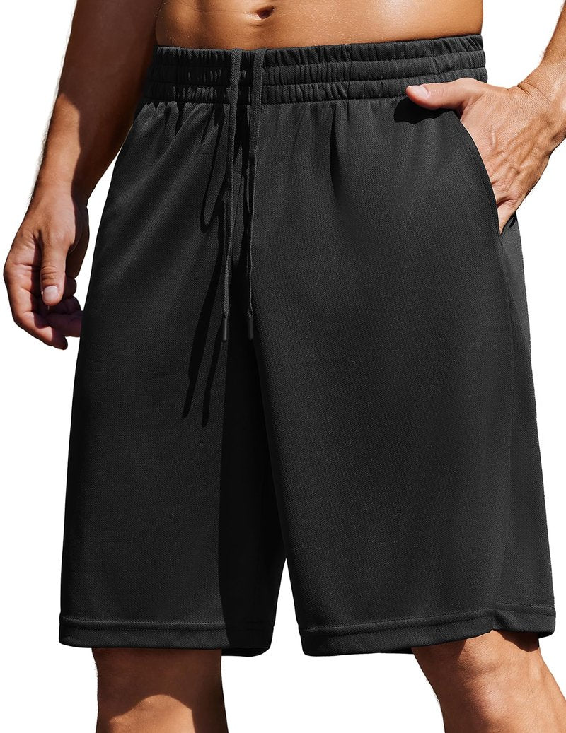 PINSPARK Mens Gym Basketball Shorts with Pockets - 10" Quick Dry Lightweight Mesh Athletic Shorts Black XL