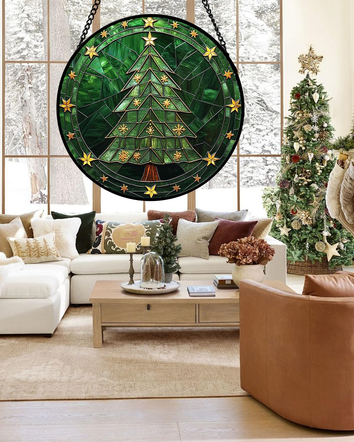 Stained Glass Window Hanging - Green Christmas Tree with Golden Stars Suncatcher for Doors Home Christmas Decoration Sun Catcher Thanksgiving New Year Birthday Gifts for Women Men Mom Nana 11.8 in