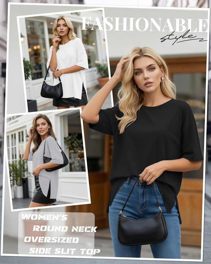 Huukeay 3 Pack Women's Oversized Gym T Shirts Short Sleeve Side Split Crewneck Tops Casual Summer Workout Baggy Basic Tee(Black, White, Gray,L)