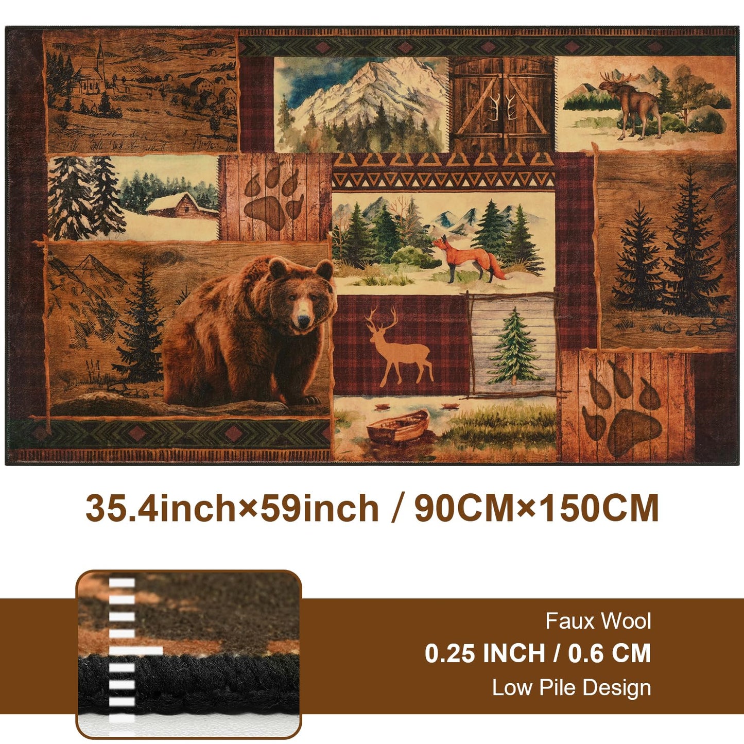 ASPMIZ 3x5 Rustic Area Rugs Non-Slip Washable — Buffalo Plaid Country Log Cabin Bear Deer Fox Design, Vintage Soft Faux Wool Throw Rug for Living Room Bedroom, Low Pile