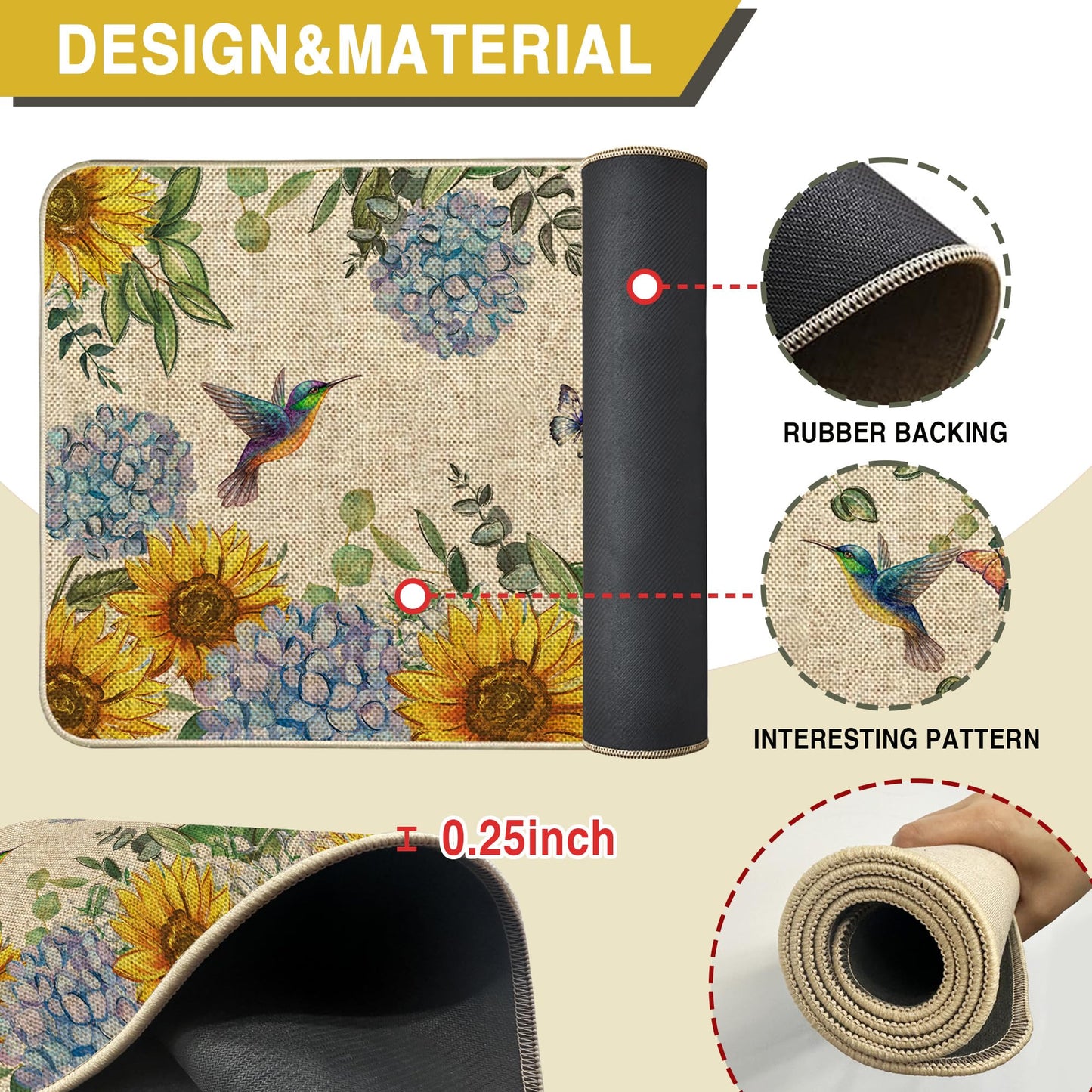 Tikeciti Spring Summer Sunflower Blue Hydrangea Kitchen Mats Set of 2, Butterflies Kitchen Rugs Seasonal Hummingbirds Holiday Floor Non-Slip Low Profile Mat Farmhouse Home Decor 17x29 and 17x47 Inch