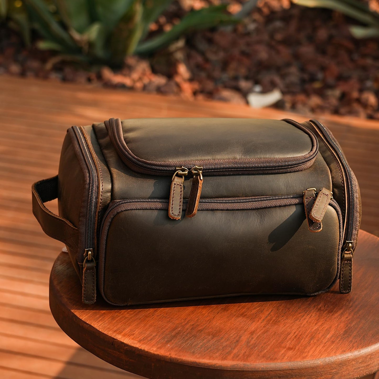 Polare Full Grain Leather Toiletry Case Bag Travel Dopp Kit Organizer Hanging Makeup Cosmetic Shaving Kit Wash Case for Men