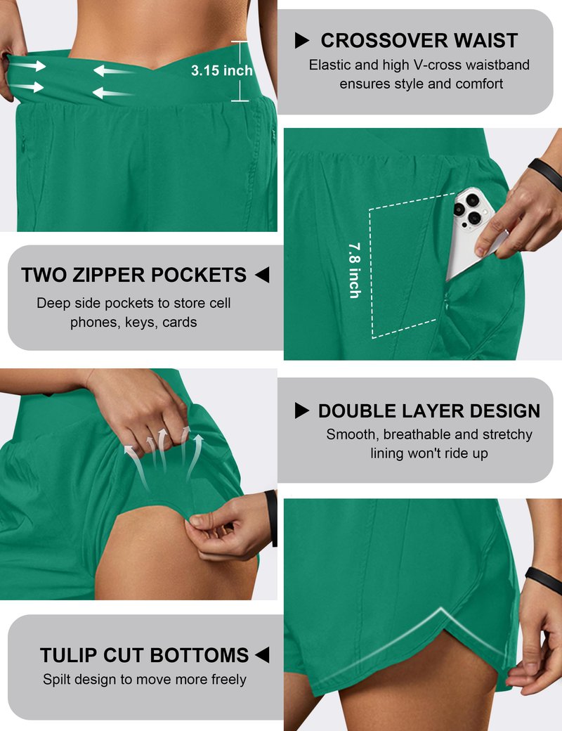 Blooming Jelly Women's Workout Shorts Athletic Running Crossover High Waisted Gym Sport Yoga Shorts with Zipper Pockets (Green,Small)