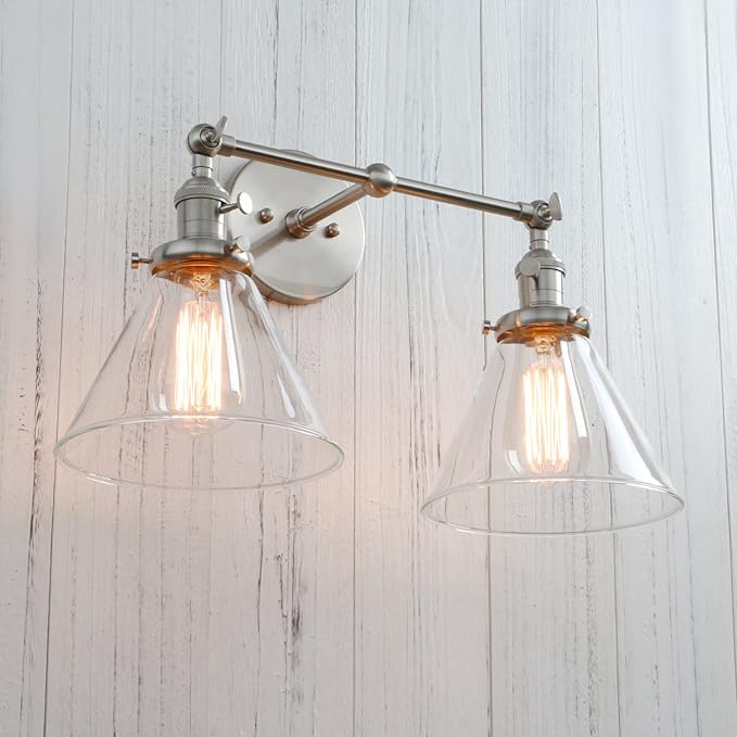 Permo Double Sconce Vintage Industrial Antique 2-Lights Wall Sconces with Funnel Flared Glass Clear Glass Shade (Brushed)