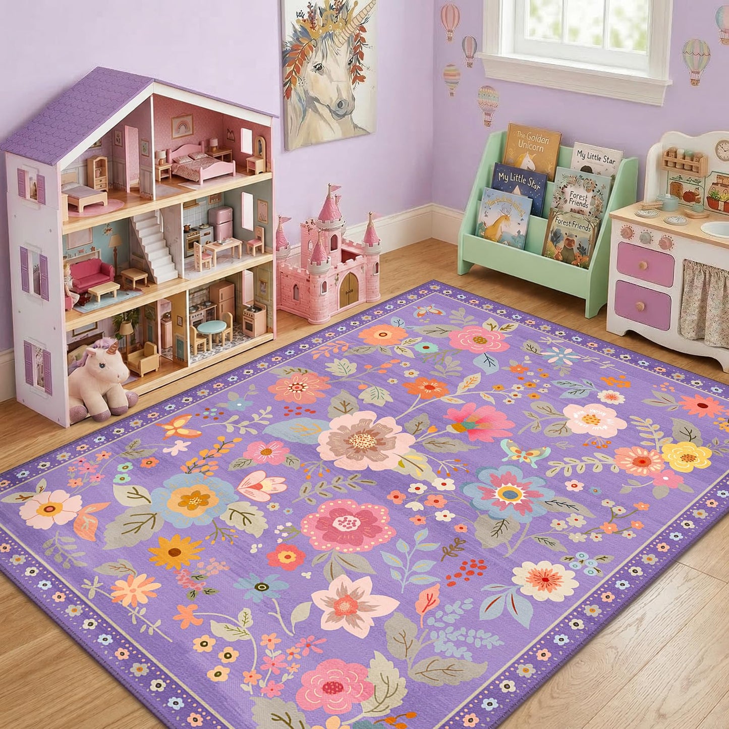 RELEANY Floral 5x7 Area Rugs Washable Print Boho Cute Carpet Non Slip Flower Low Pile for Living Room Bedroom Kitchen Office Farmhouse-Purple/Pink/Multi