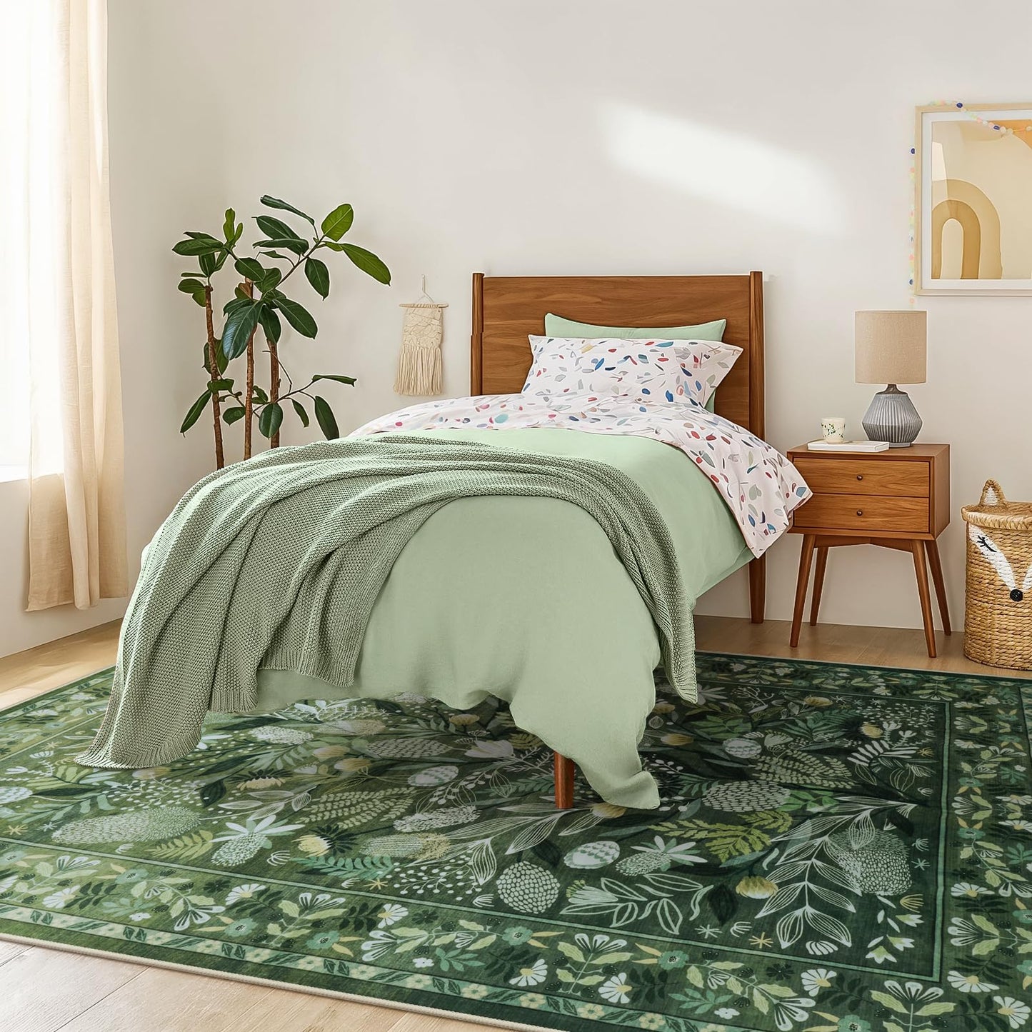 Anidaroel Green Large Area Rugs 8x10, Botanical Floral Washable Rug for Living Room, Soft Rugs for Bedroom Non-Slip Ultra-Thin Modern Rug Dining Room Mat Throw Carpet for Dorm Apartment