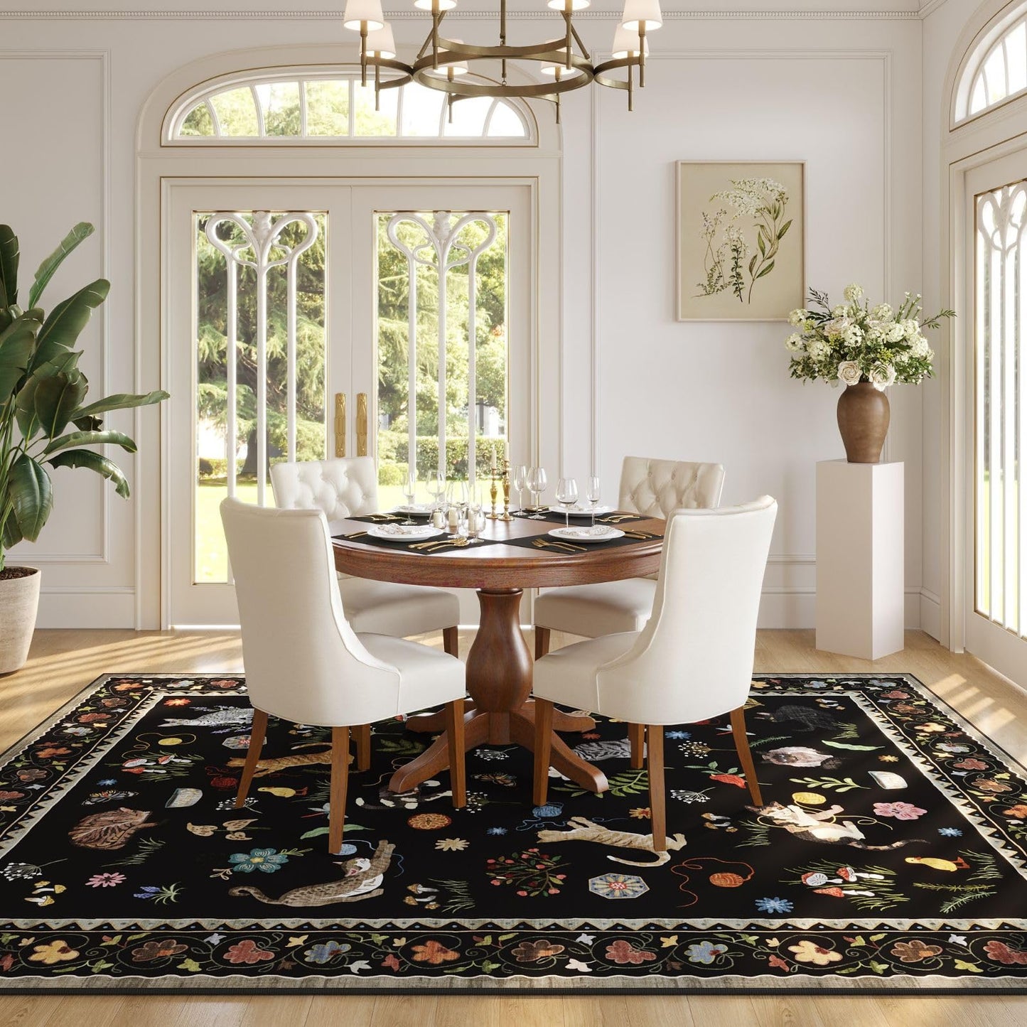 Rugcomf Living Room Rug 5x7 Rug Machine Washable Boho Area Rug Non Slip Floral Animal Cat Vintage Low Pile Large Rugs for Living Room Bedroom Farmhouse Dining Room Kids Playroom, Black