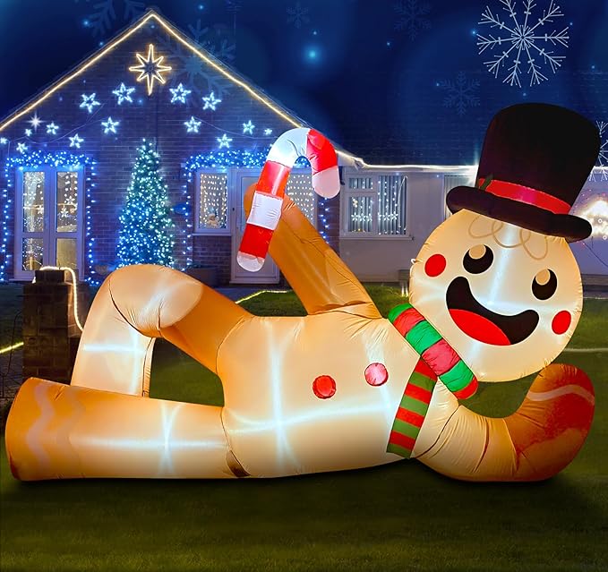 EAONE 10FT Christmas Inflatable Outdoor Decoration, Giant Christmas Blow Ups Yard Decorations Inflatable Gingerbread Man Lying Flat with Built-in LED Lights for Garden, Lawn, Home Xmas Holiday Decor