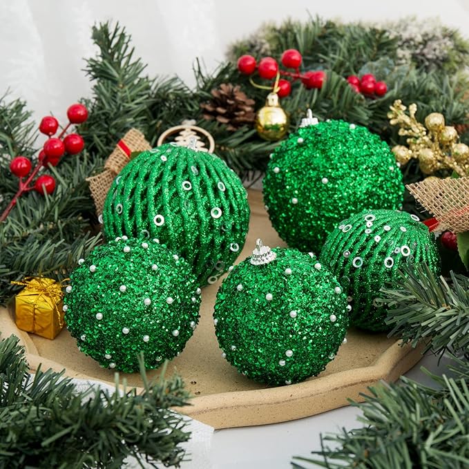 6pcs 3.94" Christmas Ball Ornaments Glitter Shatterproof Christmas Tree Ornaments Sequin Xmas Hanging Balls Decorations for Wedding Party Holiday(Green, 6pc-10cm)
