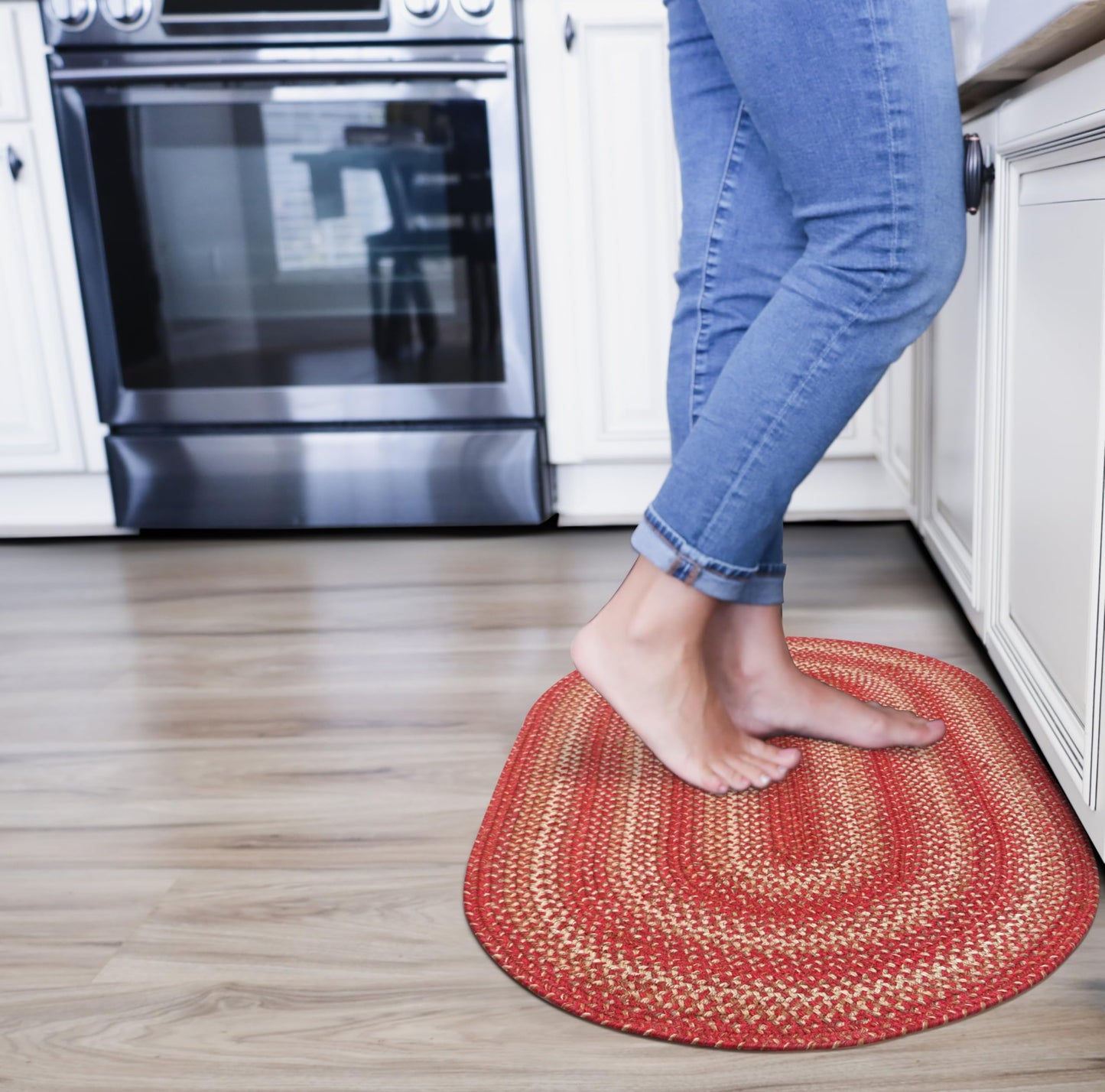Homespice Apple Pie Small Braided Rugs 20x30 Oval - Jute Kitchen Rug Red and Beige for Country Primitive Decor, Reversible, Pet Friendly, Durable & Easy to Maintain
