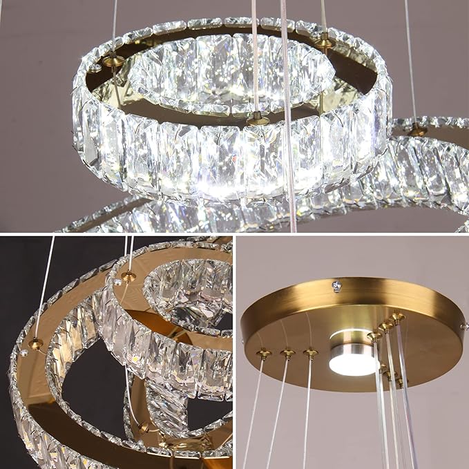 FRIXCHUR Modern LED Chandeliers Crystal Pendant Light 3 Ring Chandelier Hanging Crystal Ceiling Light Fixture Adjustable Pendant Light for Living Room Dining Room Bedroom Foyer Gold (Cool White)