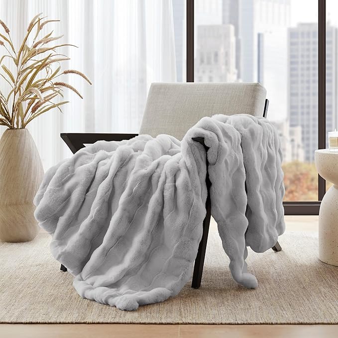 Madison Park Luxuriously Cozy Soft Long Faux Fur Basketweave Blanket, Reversible Soft & Snuggly Velvet Throw, Lightweight, Breathable, All Season, Trendy Room Décor, 50x60, Light Grey