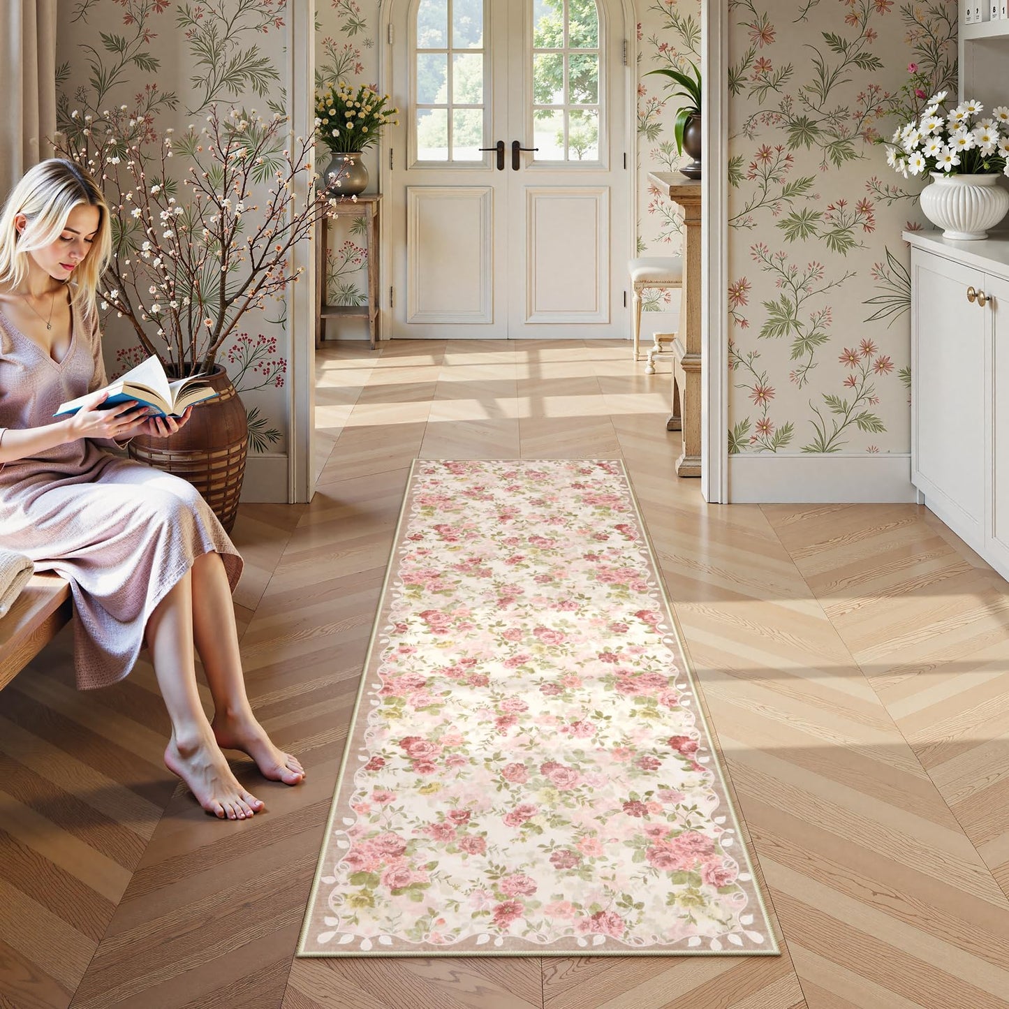 Lahome Floral Runners for Hallways Non Slip, 2x6 Washable Kitchen Runner Rug, Soft Boho Throw Carpet for Girls Bedside Bedroom Laundry Bathroom Nina Beige/Pink/Multi
