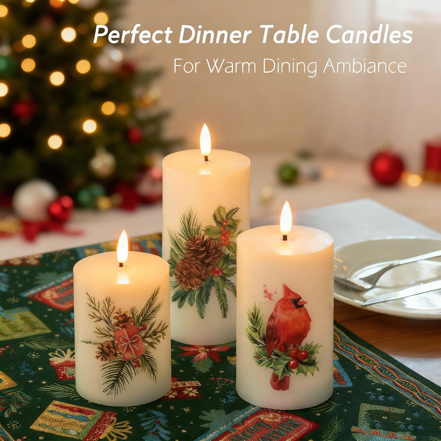 JOIONE Flameless Pillar Candles with Remote, 3 Pack Battery Operated Real Wax LED Candles, Perfect for Home Decorations Fireplace Table, Christmas Sticker