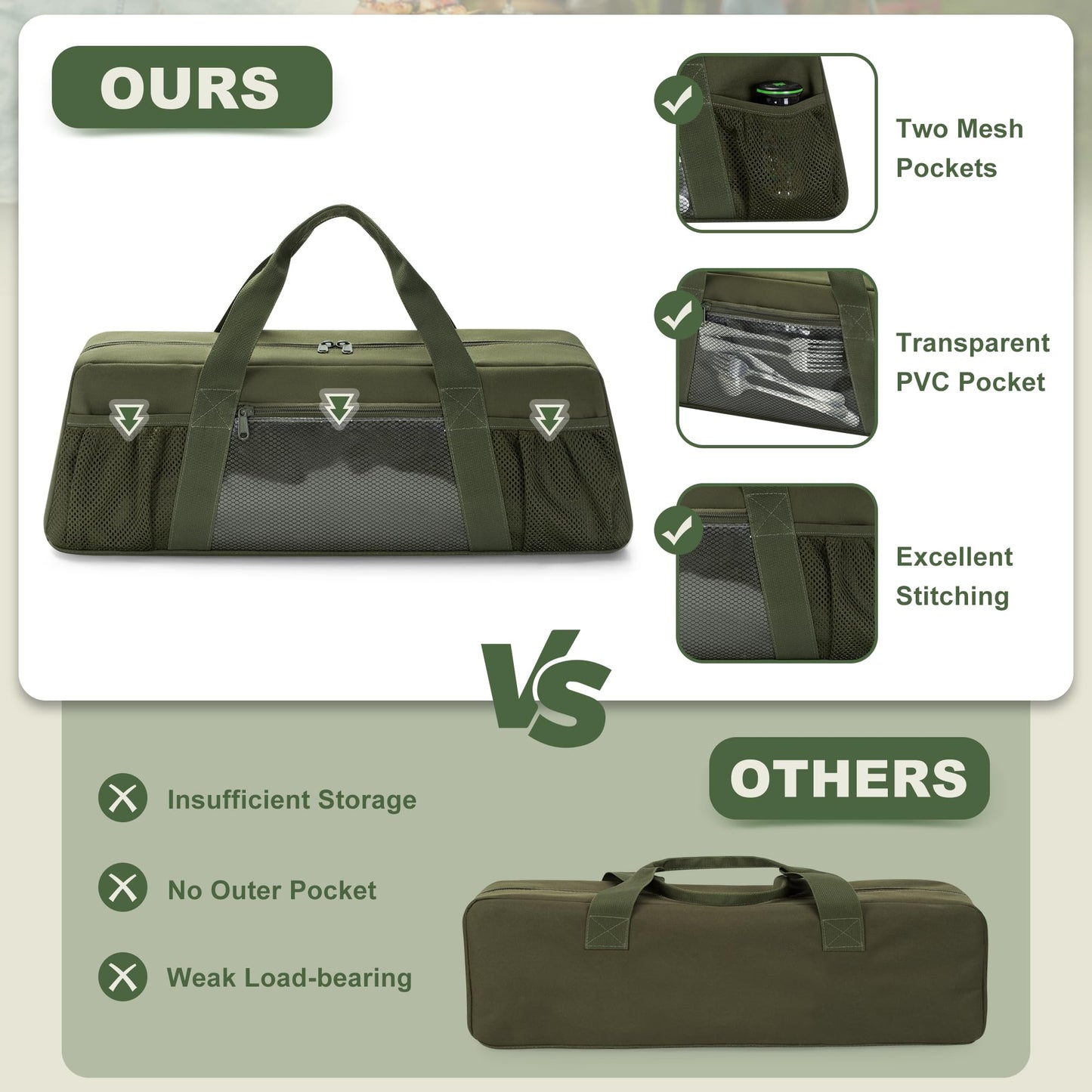 HODRANT Grill Tool Storage Bag, Outdoor BBQ Utensil Holder for Barbecue Tool up to 22", Large Grill Utensil Storage Caddy with Pockets, BBQ Accessories Case Container for Camping, Bag Only, Green