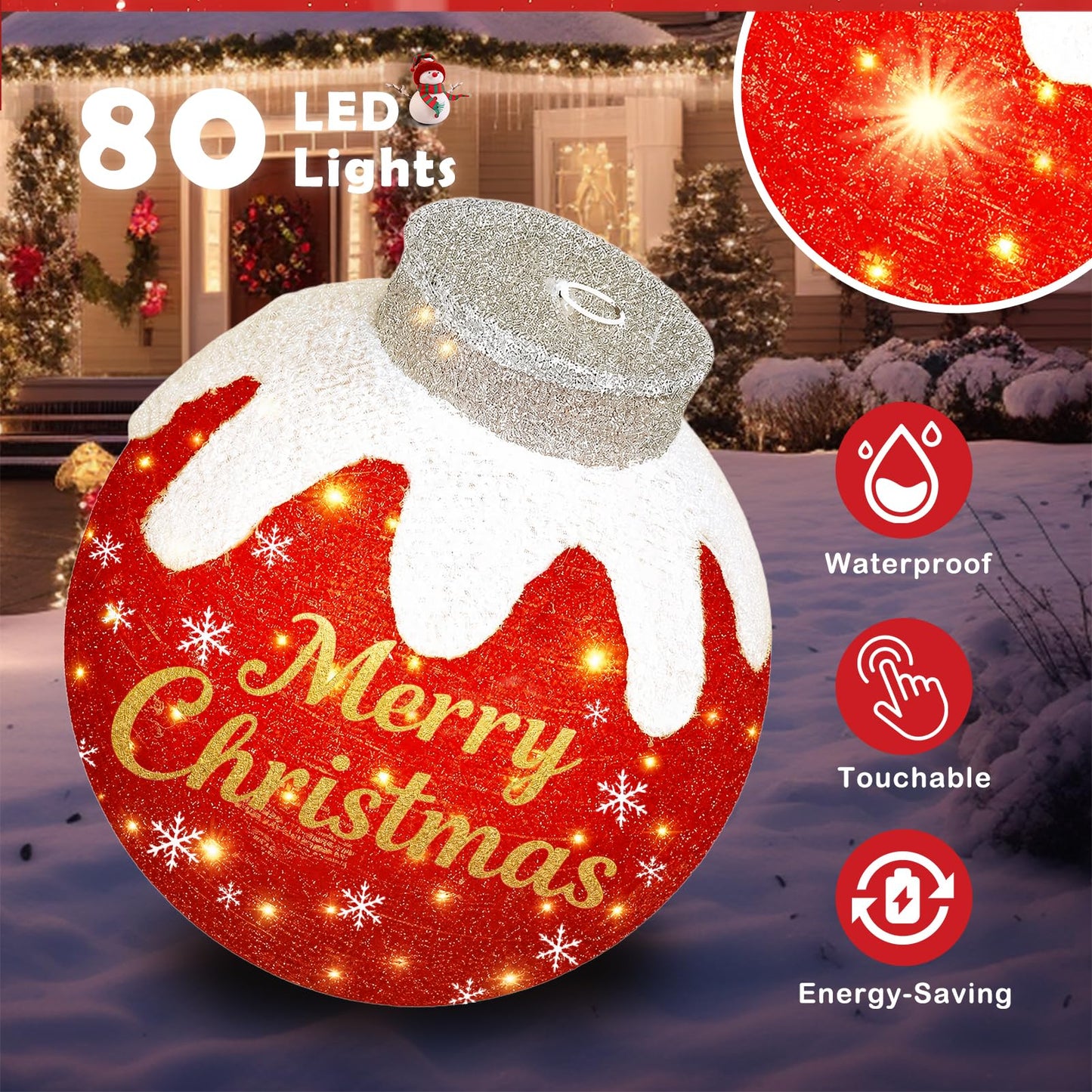 Outdoor Christmas Ball Ornaments, Collapsible Pop-Up Lighted Christmas Decorations with 80 Bright LED Lights, 8 Light Modes, Weatherproof Large Holiday Ball Decor for Yard, Lawn, Home（Red/Green/Blue）