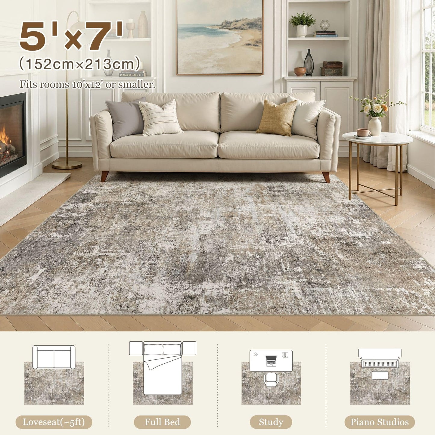 Jessibou Area Rugs 5x7 Living Room: Washable Large Abstract Modern Neutral Rugs Soft Non Slip Stain Resistant Low Pile Carpet for Bedroom Dining Nursery Home Office Room Home Decor - Brown Grey