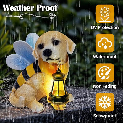 Solar Dog Statues Outdoor Decor, Solar Powered LED Lights Honeybee Puppy Figurines Garden Decorations for Patio Yard Lawn Ornaments Gifts for Dad, Mom or Birthdays