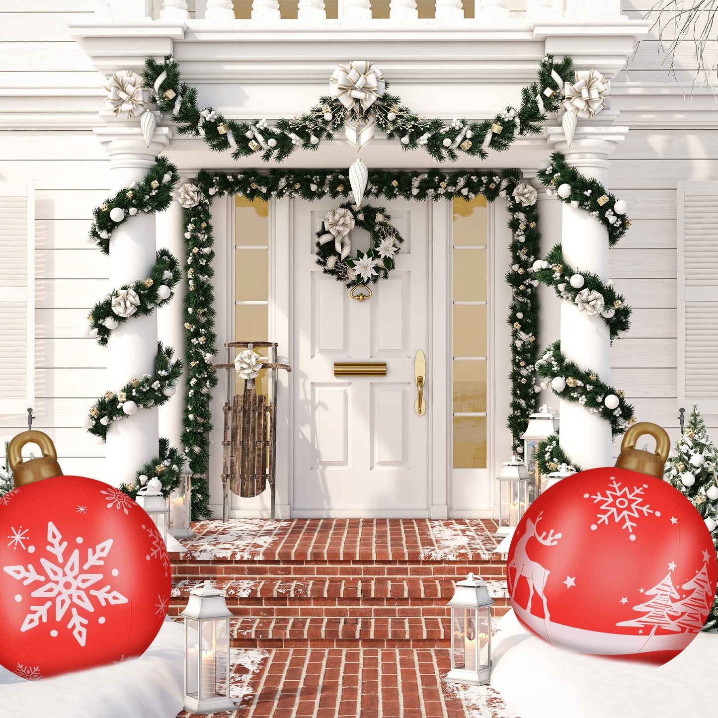 2 Pieces 32 Inch Giant PVC Inflatable Christmas Decorated Ball Ornaments Outdoor Large Xmas Blow Ball Decorations for Christmas Themed Party Ornaments(Elk Xmas Tree Style,Red)