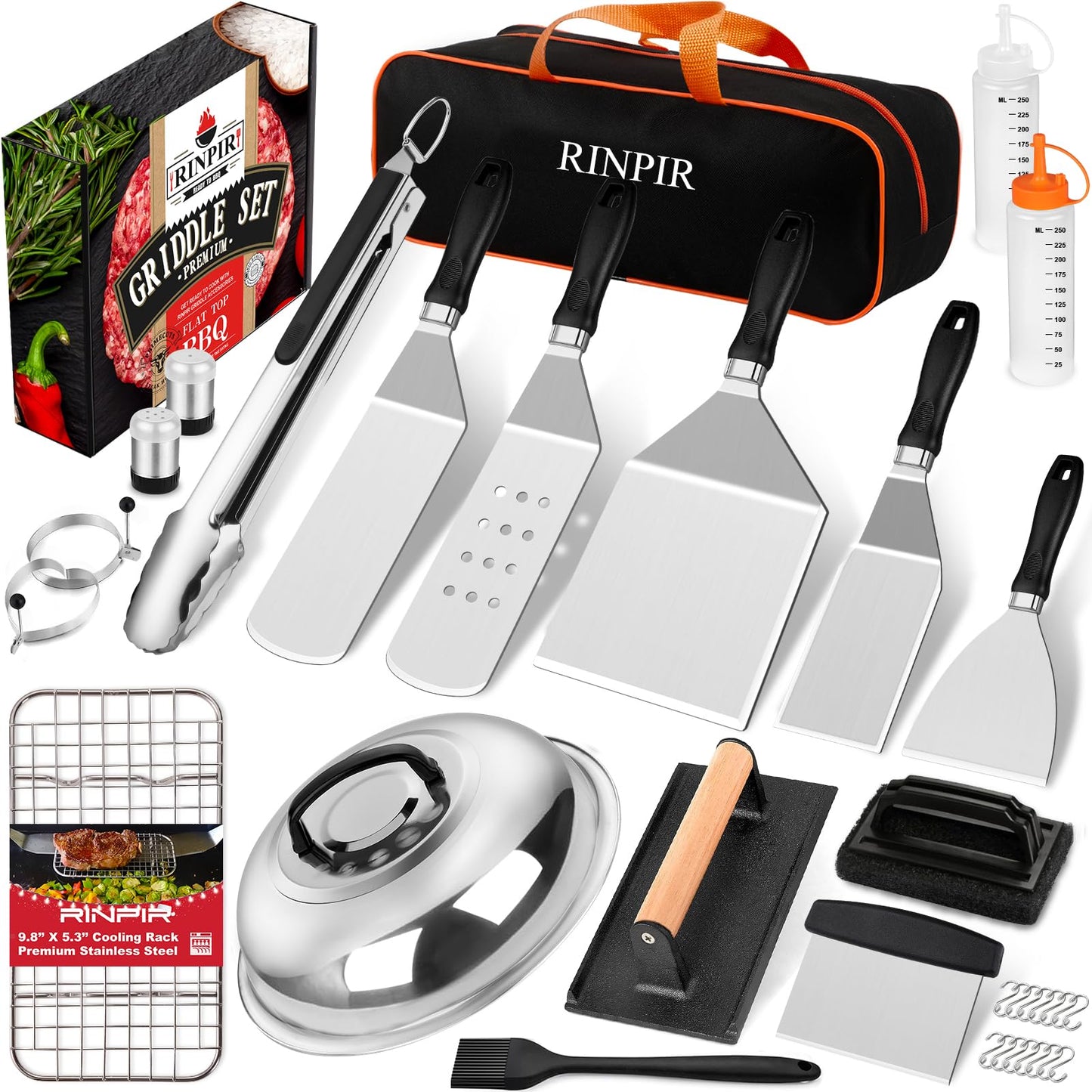 RINPIR 33PCS Griddle Accessories Kit for Blackstone, Flat Top Grill Accessories Tools with Cooling Rack, Melting Dome and Burger Press, Professional Hibachi Spatula Gift Set for Outdoor Teppanyaki BBQ