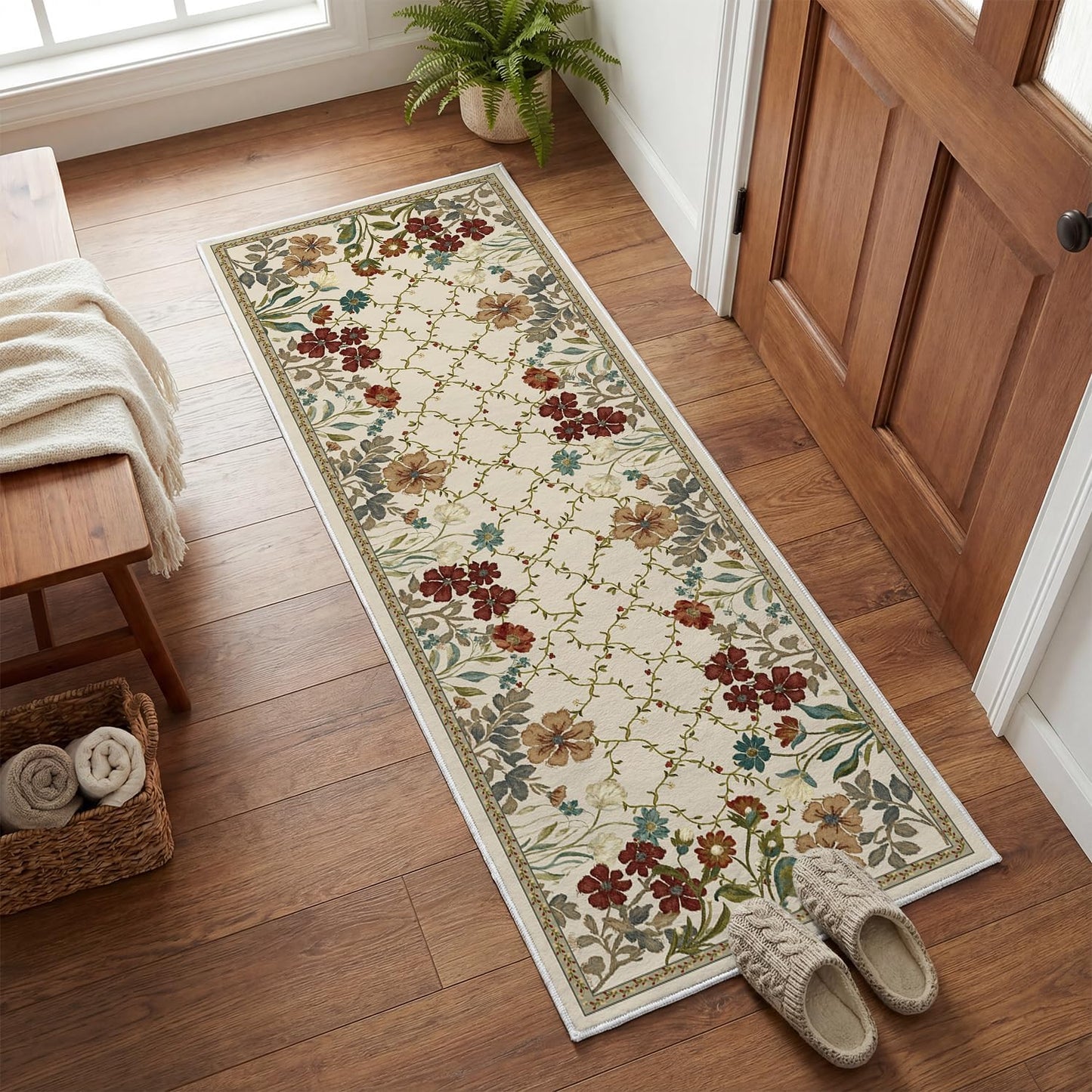 Artoid Mode Rustic Check Flower Spring Runner Rug, Summer Home Decor Low-Profile Non-Slip Washable Carpet Runner for Hallways Kitchen Laundry Bedroom Bathroom 2x6 Feet