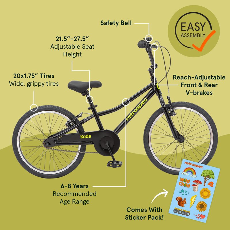 Retrospec Koda Plus Kids Bike for Boys & Girls Ages 6-8 Years - 20" Children's Bicycle, Adjustable Seat & Handlebars, Removable Training Wheels, Front Hand Brakes, Rear Coaster Brake & Safety Bell