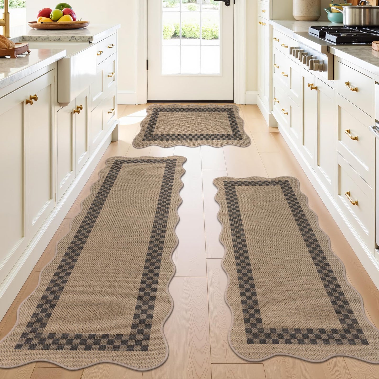 U'Artlines Non-Slip Scalloped Kitchen Rugs Set 3 PCS, 20"x32"+ 20"x48"+20"x59" Washable Low Profile Easy Jute Kitchen Floor Mats Runner Set for Sink Hallway Entryway Laundry Decor(Checked)