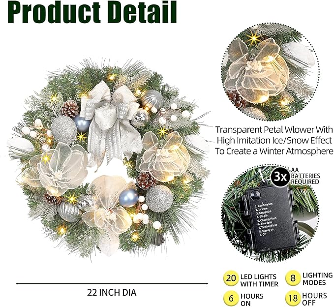 Lighted Christmas Wreath for Front Door with 20 LED Lights,22inch prelit Christmas Wreath with Big Flower and Ball Ornament,Winter Porch Decor,Indoor Outdoor Christmas Silver White Decorations