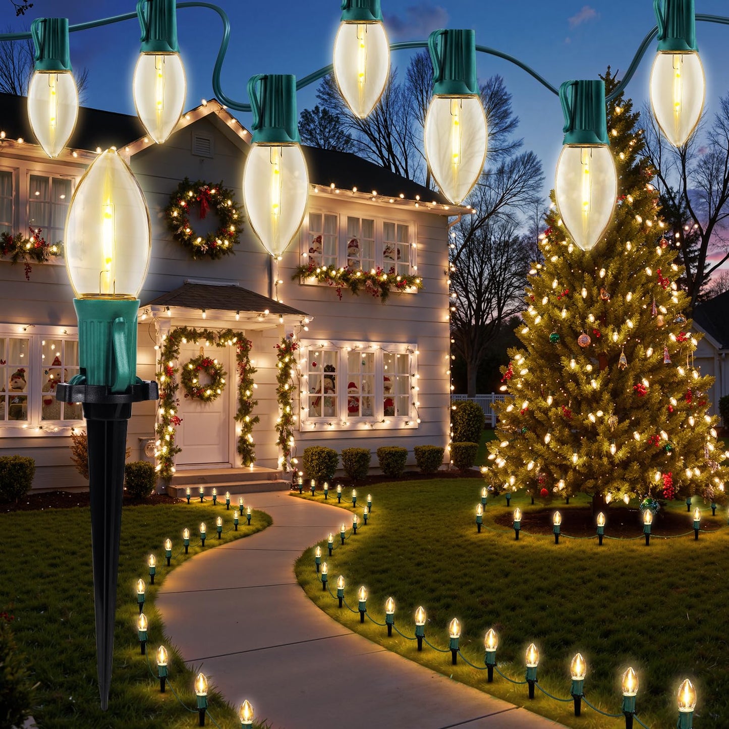 Brightown C9 Christmas Lights Outdoor, 4 Packs Total 103 Ft Christmas Pathway Lights with 80 LED Bulbs and Stakes, Connectable Outdoor Christmas Decorations Yard Walkway Sidewalk Holiday, Warm White