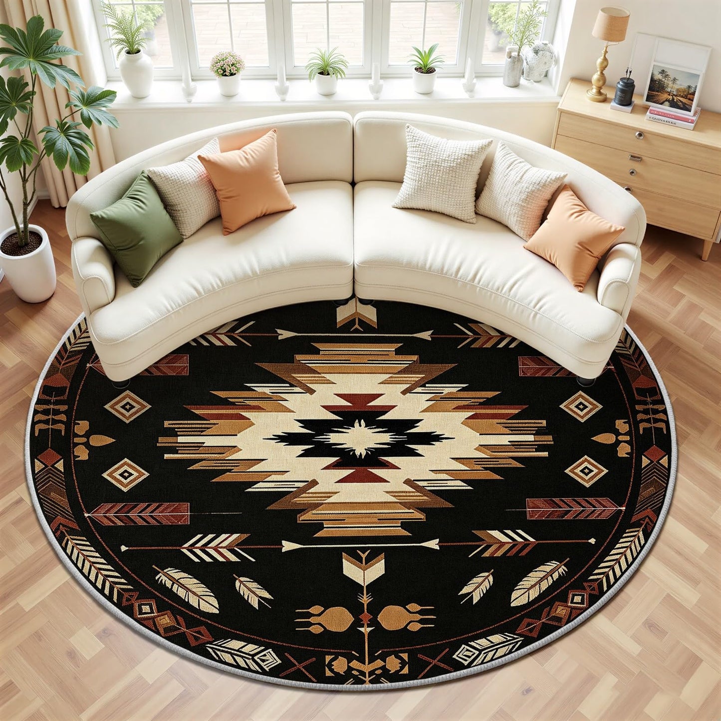 4ft Round Rug, Native American Circle Area Rug, Aztec Navajo Round Rugs for Living Room Bedroom, Indian Southwestern Tribal Circle Rugs for Dining Room Entryway Dorm, Washable Non-Slip Floor Mat