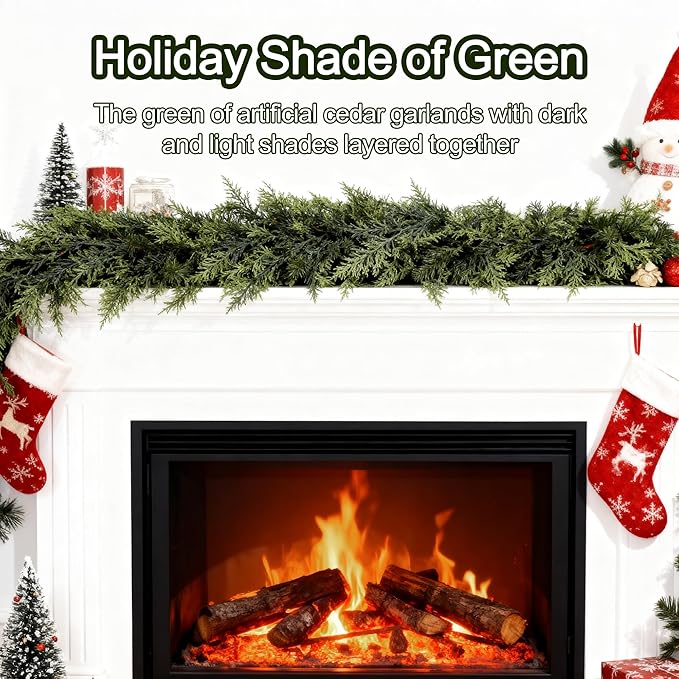 9ft Real Touch Cedar Garland Artificial Realistic Christmas Greenery Pine Garland with 225 Cedar Branches for Mantle, Fireplace, Table, Stairs, Doorframe, Window, Outdoor Indoor Xmas Decor