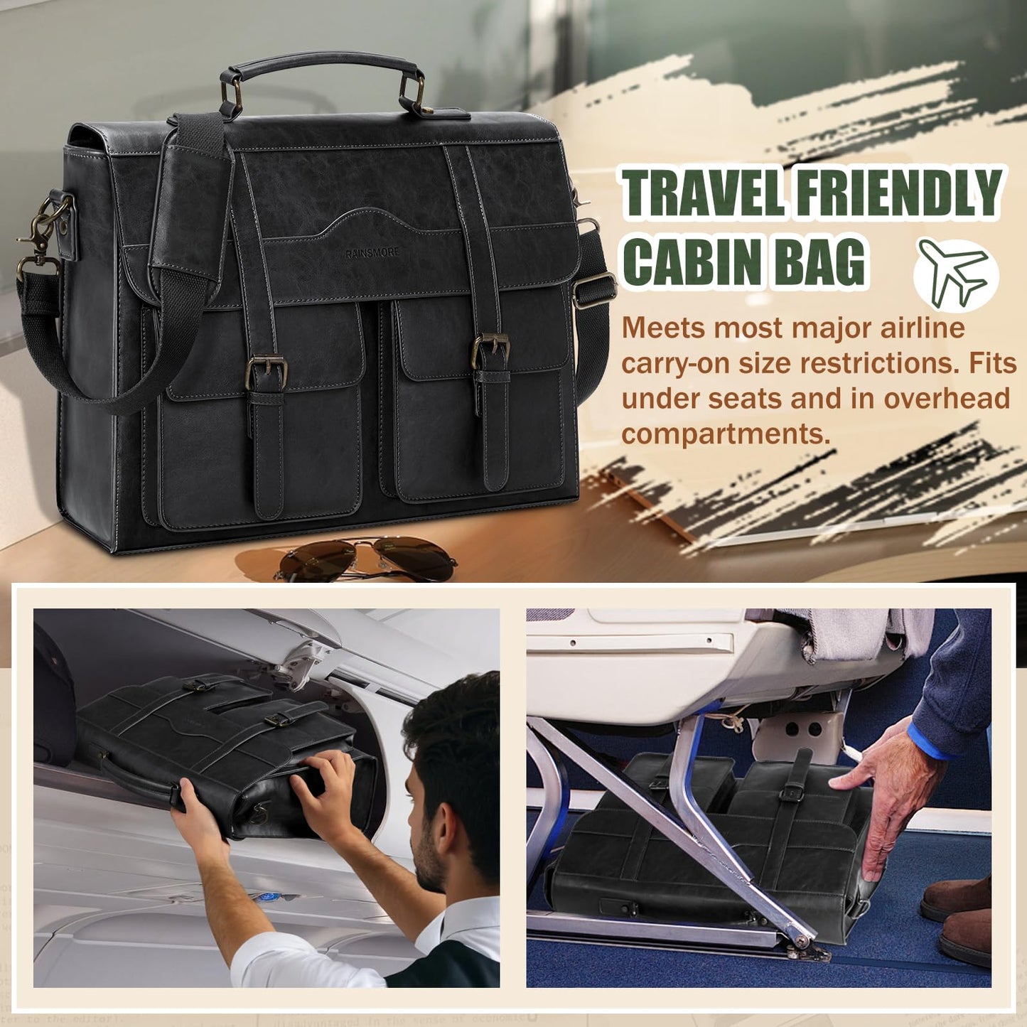 RAINSMORE Mens Messenger Bag 17 Inch Vintage Leather Laptop Briefcase Magnetic Closure Large Satchel Computer Shoulder Bag for Office Travel College, Black