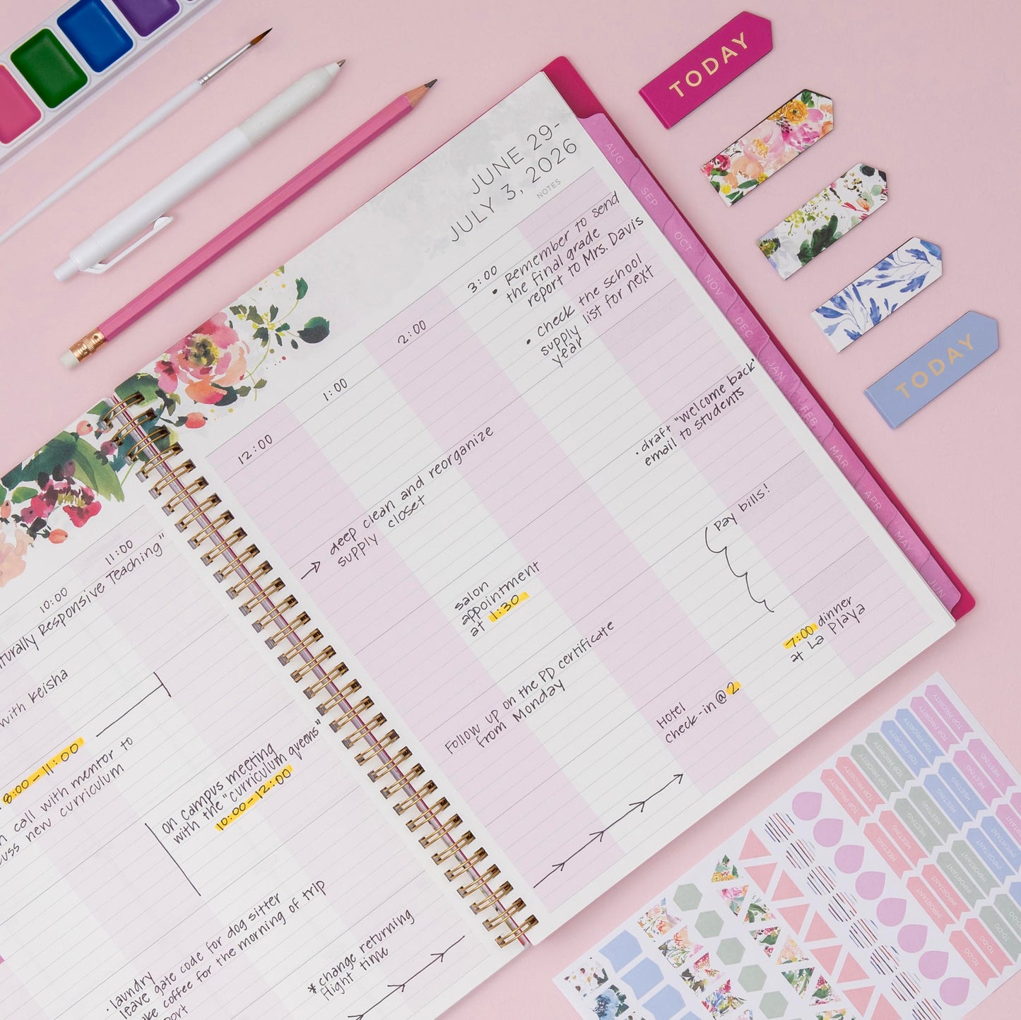 Blue Sky Kelly Ventura 2026-2027 Weekly and Monthly Academic Year Teacher Lesson Planner Calendar, July 2026 - June 2027, 8.5" x 11", Flexible Cover, Wirebound, Laminated Tabs, Storage Pocket, Magnetic & Snap In Book Marks, Includes Stickers, Summertime B