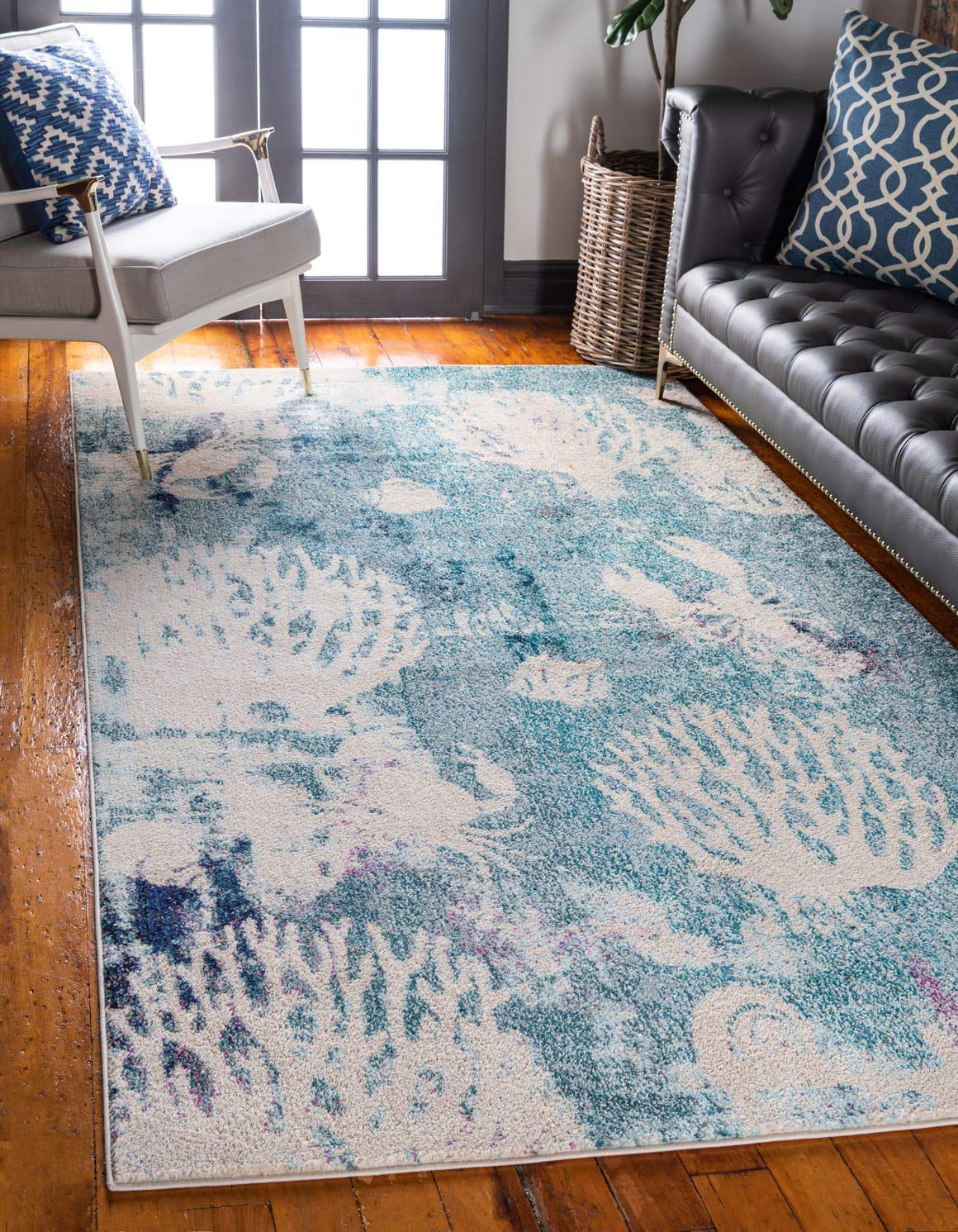 Unique Loom Positano Collection Coastal Modern Coral Lobster Shells Light Blue Area Rug (5' x 8')