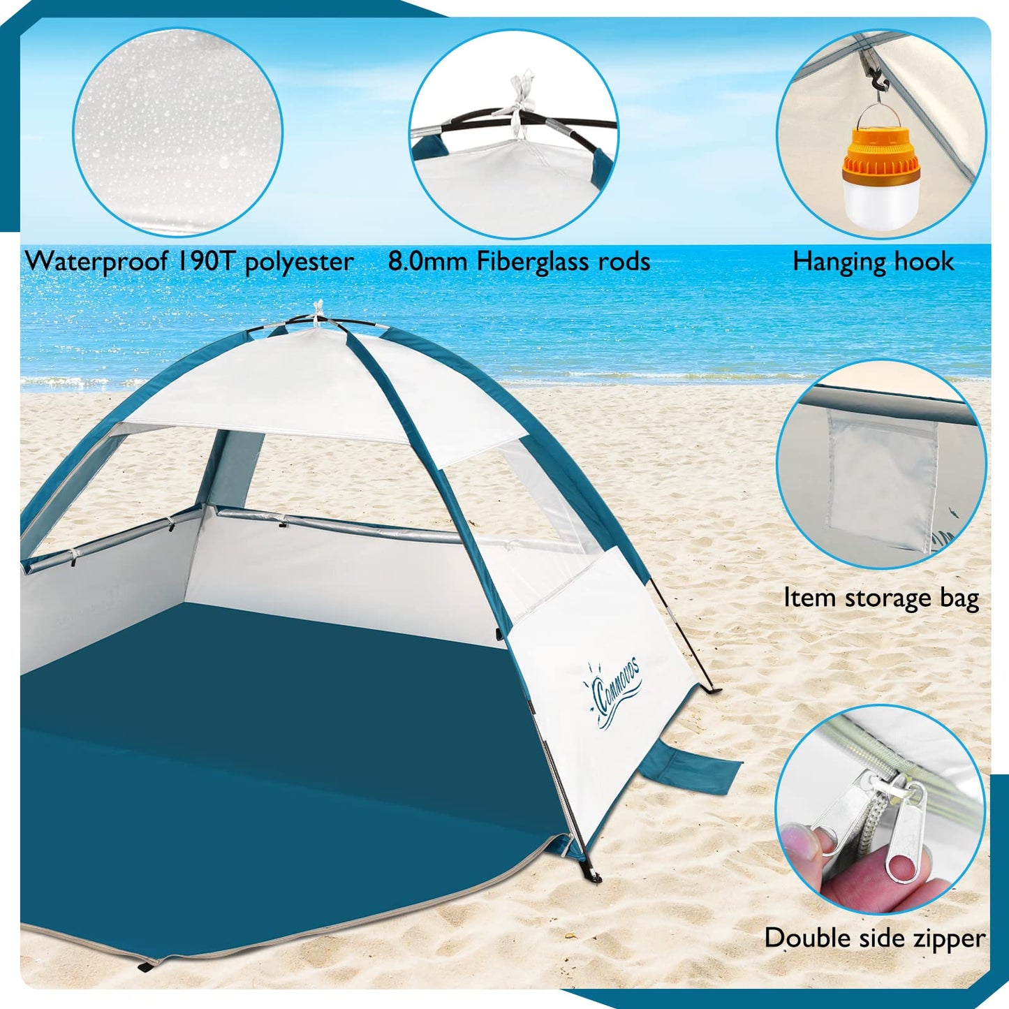 COMMOUDS Beach Tent Sun Shelter for 3/4/6/8 Person, UPF 50+ UV Protection Beach Shade Canopy Tent, Lightweight, Easy Set Up and Carry