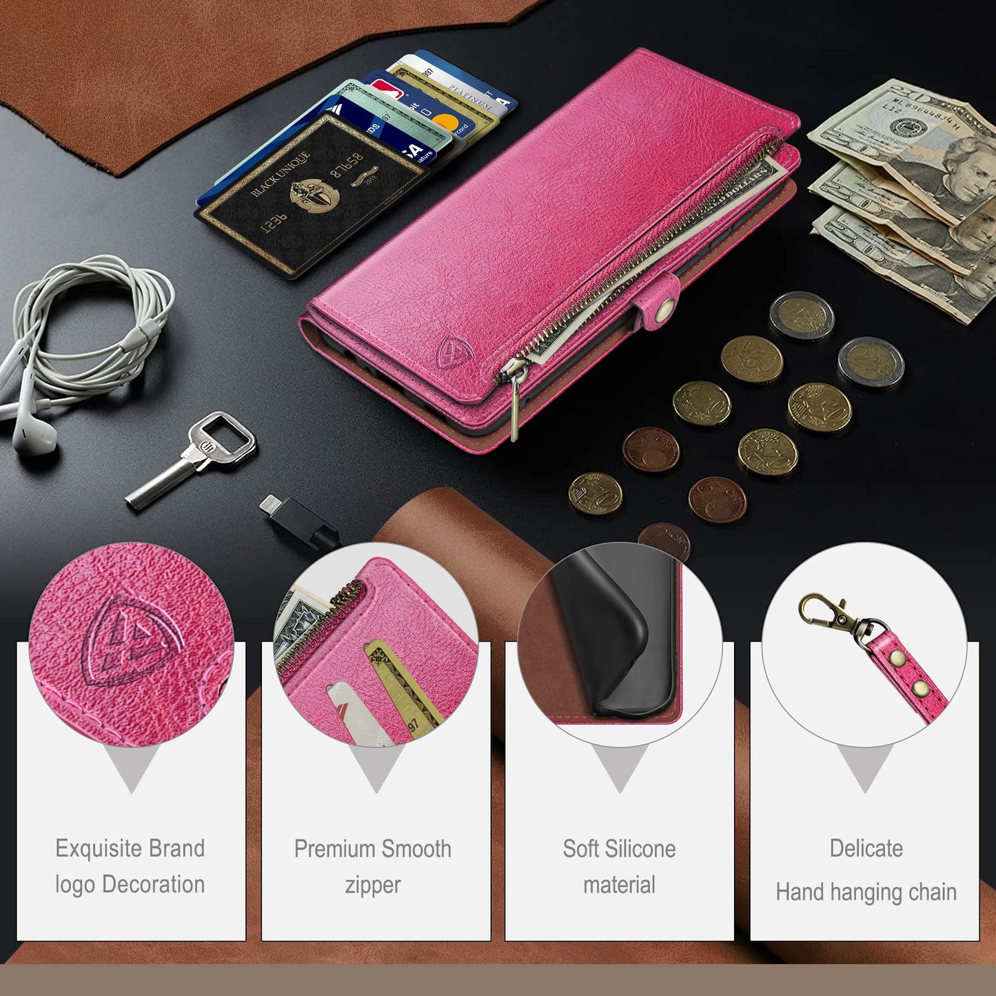 XcaseBar Compatible with iPhone 16 Pro 6.3" Wallet case with Zipper Credit Card Holder【RFID Blocking】,Flip Folio Book PU Leather Phone case Shockproof Cover Men Women for Apple 16 Pro case Rose Red
