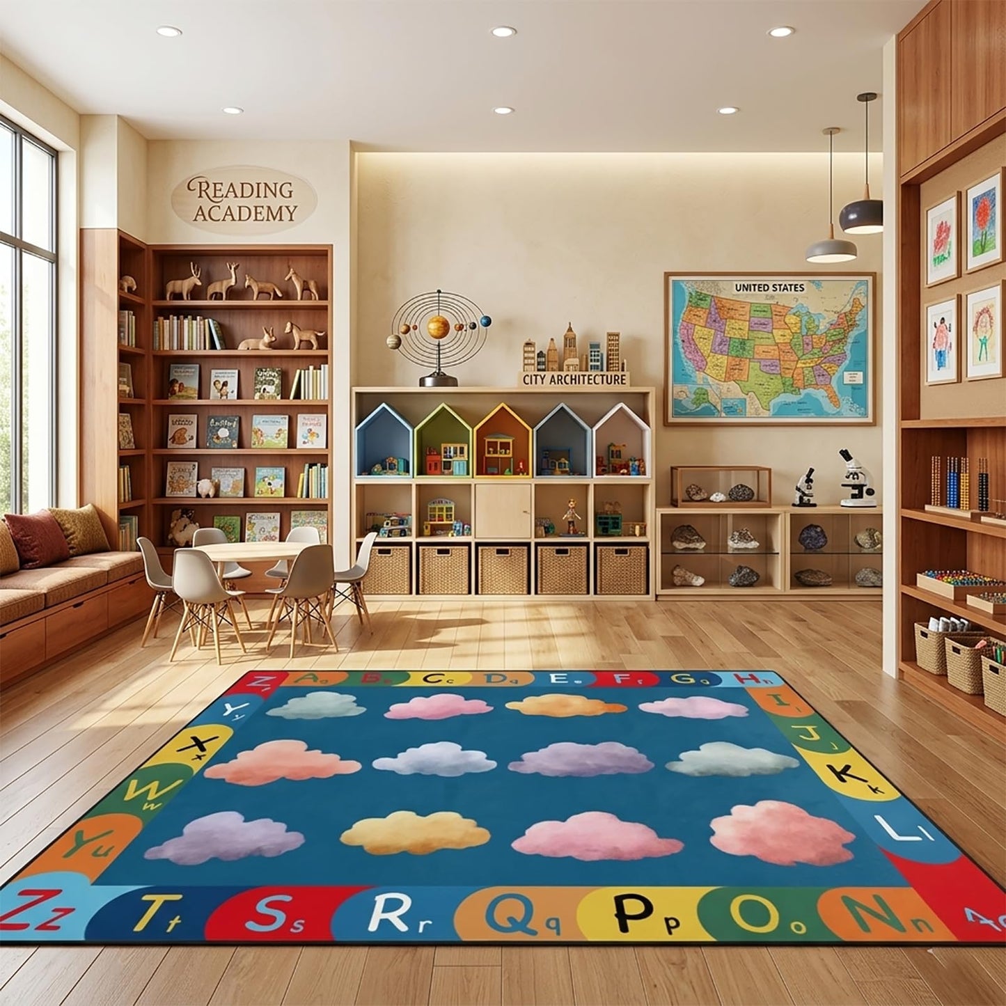 Kids Classroom Seating Rug for 12 Children, 5x7 Alphabet Circle Time Carpet, Educational Preschool Learning Rug with Colorful Cloud Seats, Non-Slip Area Rug for Daycare Playroom