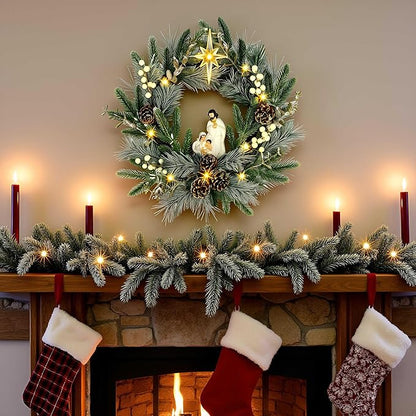 YULETIME 20" Pre-Lit Nativity Wreath, Battery Operated with 10 Fairy Lights, Holy Family Nativity Statue, Star of Bethlehem, Pine Cones, White Mistletoe, Frosted Spruce Branches (Nativity Frosted)