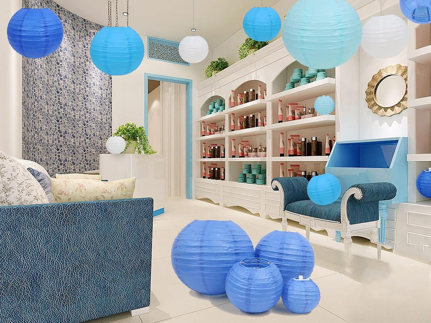 SIPRKAICT Blue Paper Lanterns Party Decorations,12pcs Hanging Paper Lantern for Classroom,Baby Shower,Graduation,Wedding,Birthday