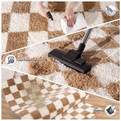 Pionblank 8x10 Area Rugs for Living Room, Fluffy Plush Checkered Rug for Bedroom, Shag Non Slip Soft Furry Large Carpet for Kids Room Nursery Home Decor, Beige and Cream White