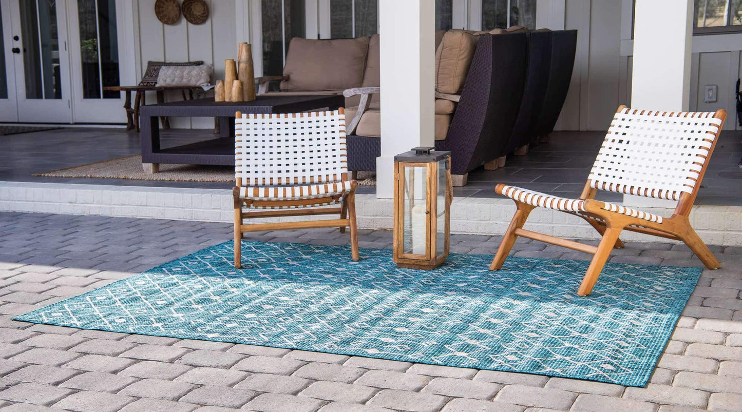 Unique Loom Outdoor Trellis Collection Area Rug - Tribal Trellis (6' 1" x 9' Rectangle, Teal/ Ivory)