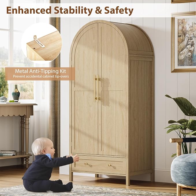 VINGLI Arched Wardrobe Closet Armoire with Drawer, 70" Tall Wooden Wardrobe Closet,Clothing Storage Cabinet, Large Capacity Storage, Natural Oak