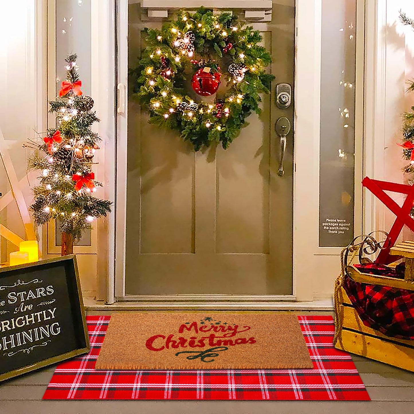 Christmas Red Green White Plaid Rug, 28" x 43" Cotton Hand-Woven Buffalo Check Layered Door Mat for Front Porch, Entryway, Outdoor Holiday Decor, Washable Farmhouse Rug for Home, Patio, Kitchen